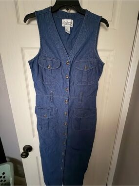 California Gold Rush Label Denim Button-Front Utility Dress - Blue L